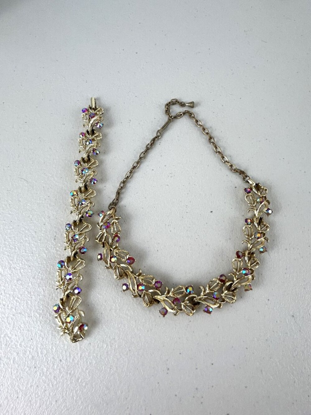 Vintage 50s Aurora Borealis Rhinestone Necklace Bracelet Jewelry Set Grandma
